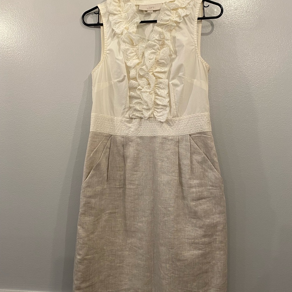 LOFT Cream and Gray Midi Dress